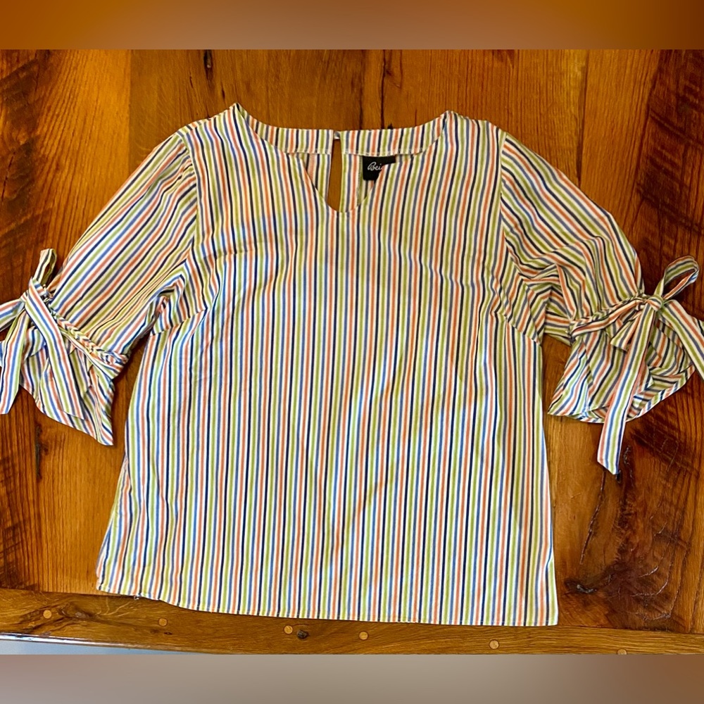 Beige by eci 100% Cotton Shirt, Small V-Neck and Cute Ruffle Sleeves, Size XL